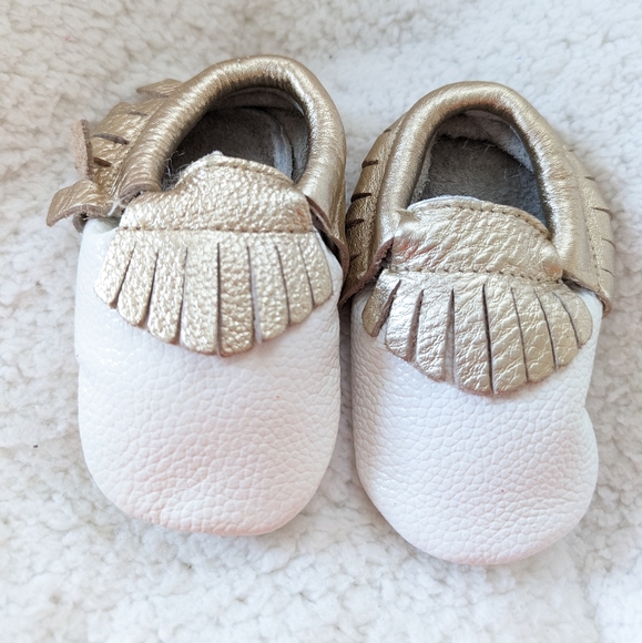 Hand Crafted Other - Baby Girl Leather Moccasin Shoes White and Gold 6-12m